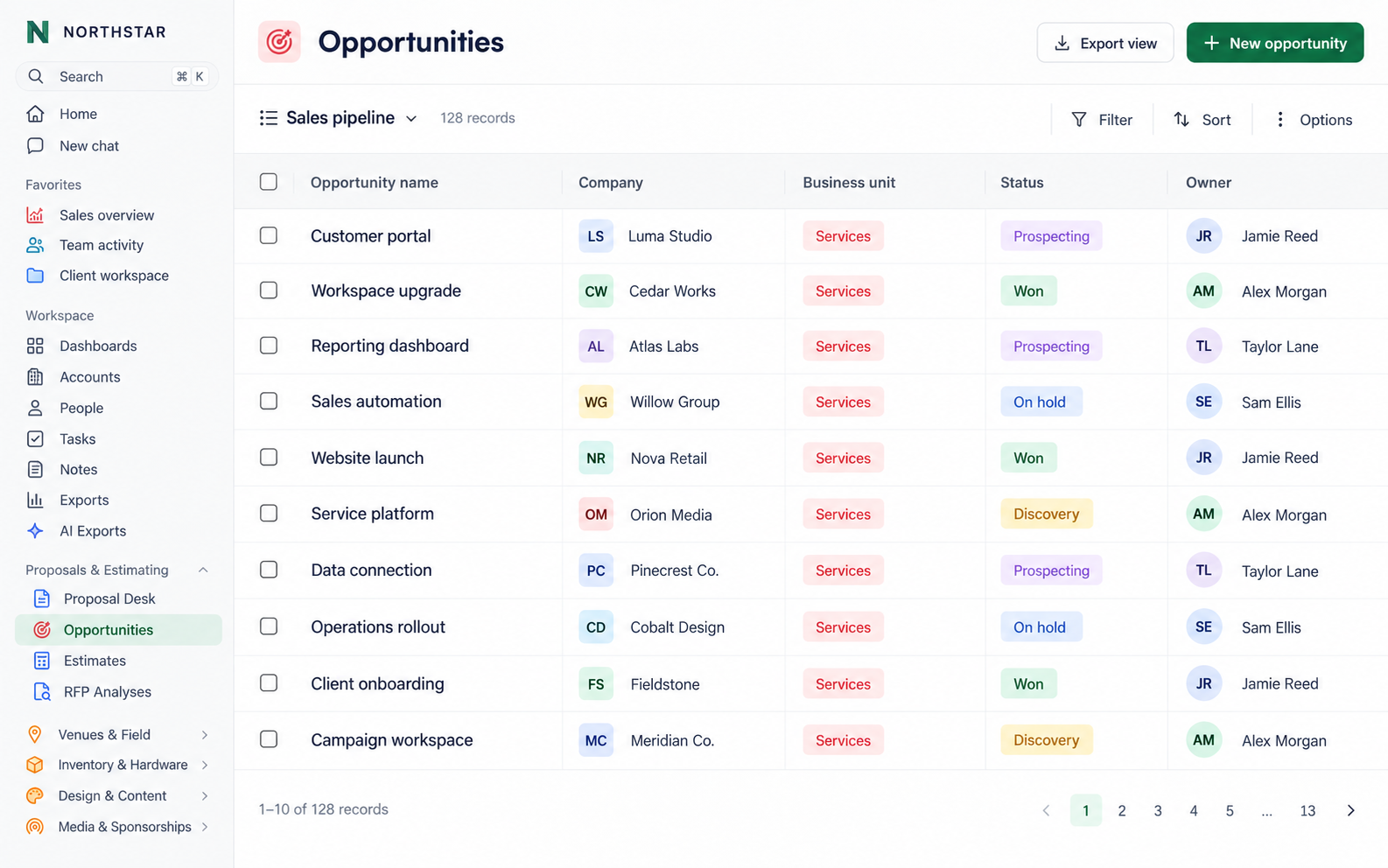 Representative CRM interface showing opportunities, companies, statuses, owners, and proposal tools with fictional Northstar records
